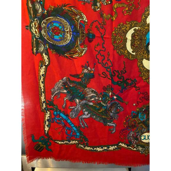 Gucci 100% Wool Shawl Ornate Equestrian Red - Picture 7 of 7
